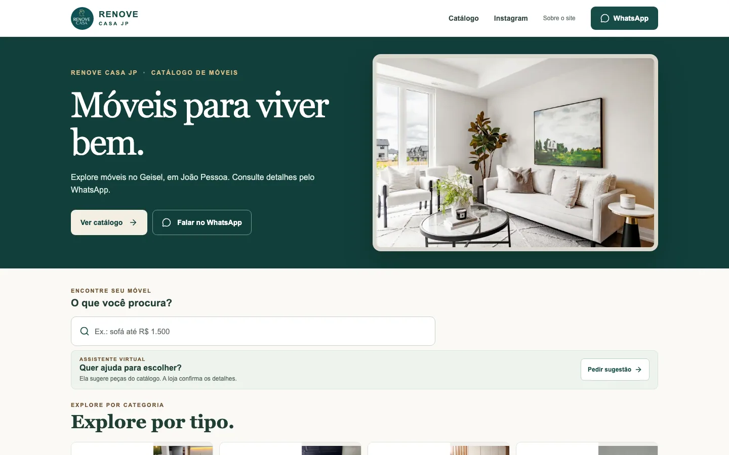 Catálogo da Renove Casa JP com busca de móveis e assistente virtual